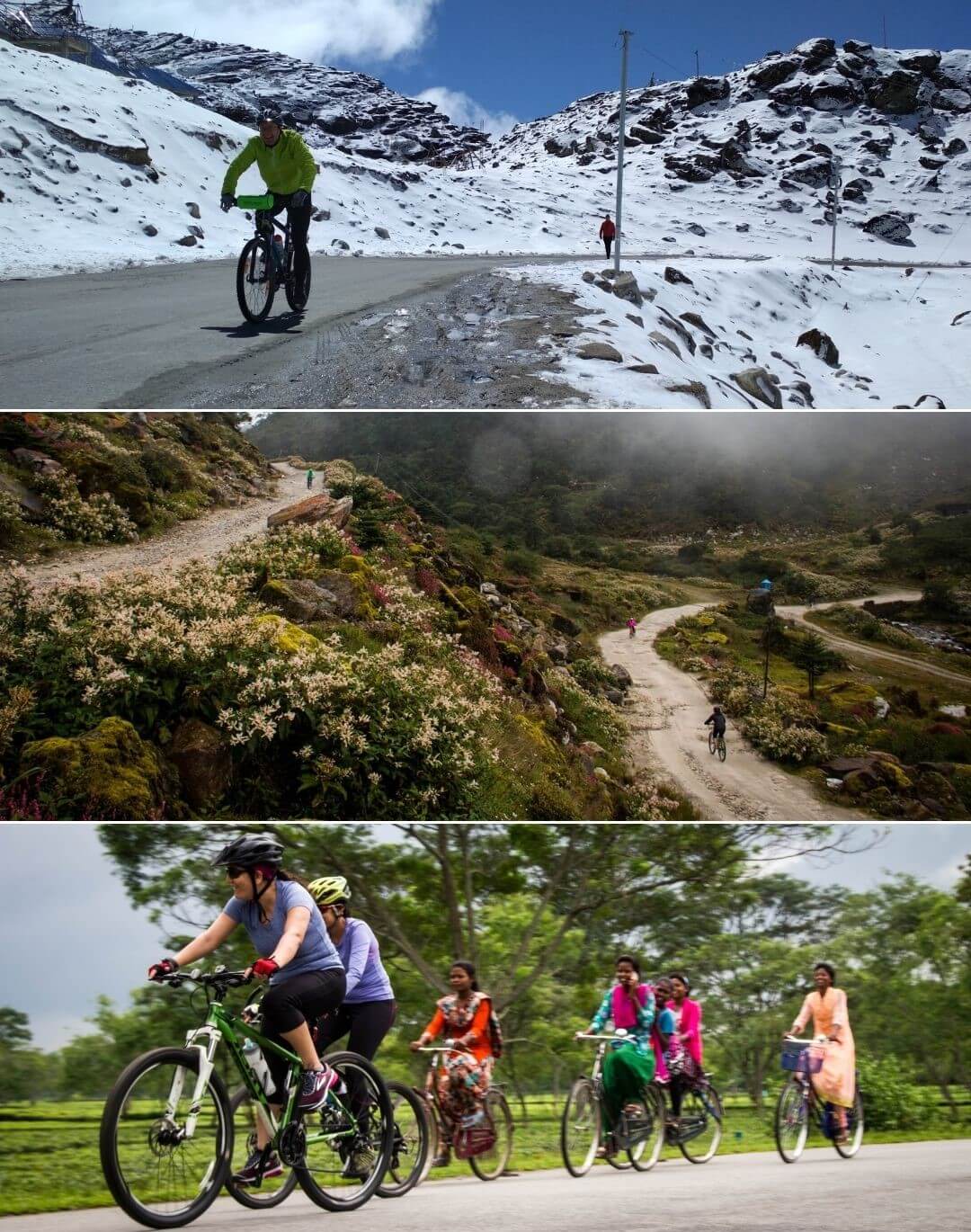 Three images with cyclists, one in high altitudes with snow, the other on scenic mountains full of flowers and the last one with local cyclists 